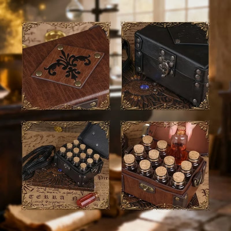 Vintage Leather Vial Carry Bag with 12 Glass Bottles