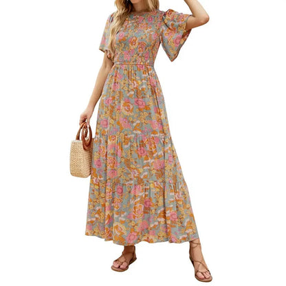 🔥LAST DAY 52% OFF - 💖Women's 2026 Summer Casual Floral Print Short Flutter Sleeve Crew Neck Smocked High Waist Flowy Maxi Dress