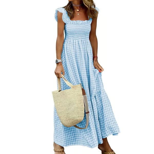 Women's Retro Plaid Smocked Dress, Spaghetti Strap Flowy Long Dress with Pockets
