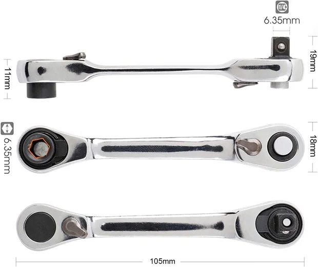 Silver Ratchet Wrench 1/4 Inch Mini Double Headed 72 Tooth Drive Socket (Bits Not Included), Ratchet Set Rotator Practical Accessories Tool, 5 Degrees Quick Install Release
