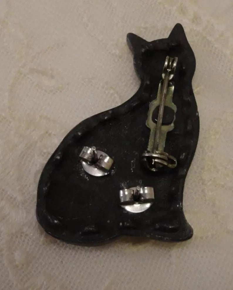 🐈‍⬛✨Vintage Handcrafted Pewter Cat Pin With Kitten Pierced Earrings & Necklace