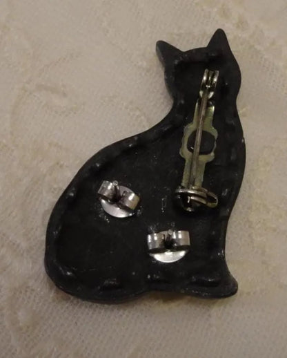 🐈‍⬛✨Vintage Handcrafted Pewter Cat Pin With Kitten Pierced Earrings & Necklace