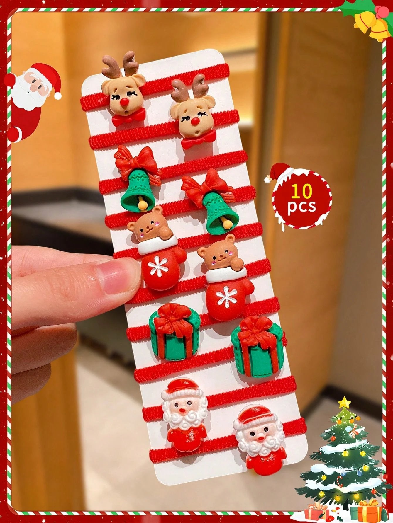 🎁Christmas Hot Sale - 🎄10pcs/Set Cute Christmas Hair Scrunchies, Ideal For Holiday Hairstyles🎀