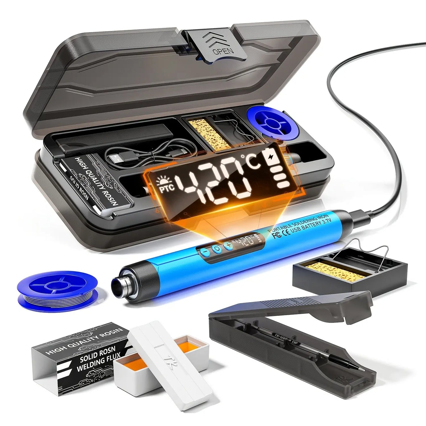 LCD Portable USB Adjustable-Temperature Soldering Iron Gun, Corded Solder Iron, Home DIY Soldering Kit with Storage Box, Electronic Soldering Tool