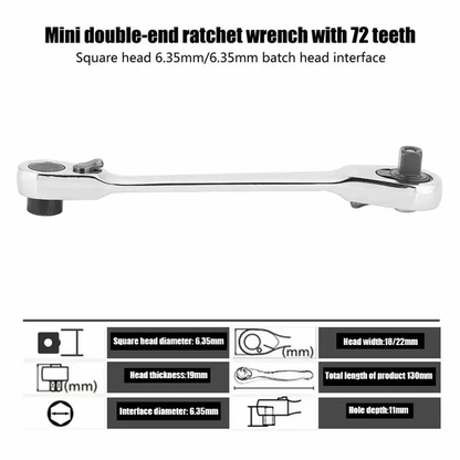 Silver Ratchet Wrench 1/4 Inch Mini Double Headed 72 Tooth Drive Socket (Bits Not Included), Ratchet Set Rotator Practical Accessories Tool, 5 Degrees Quick Install Release
