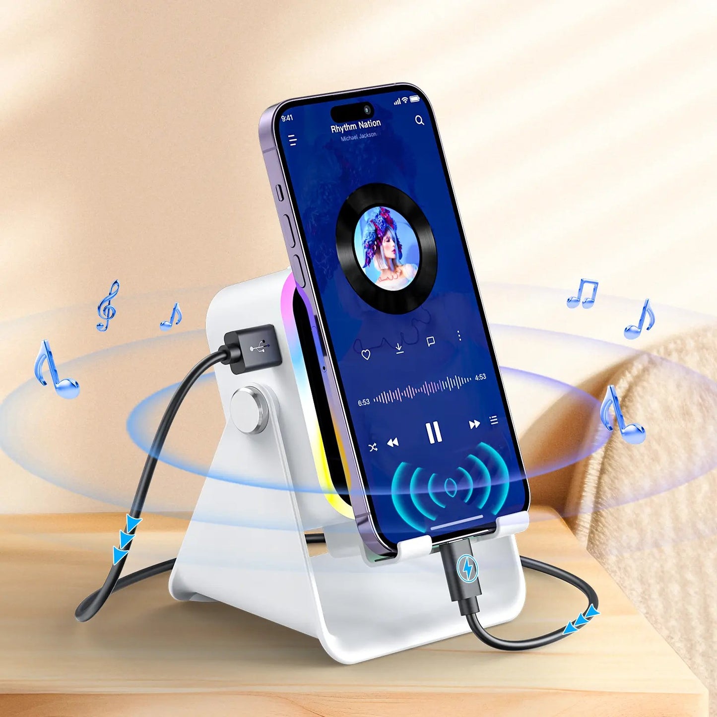 Wireless Induction Audio Speaker Stand, 5-in-1 Phone Stand, 3500mAh Rechargeable Emergency Power , 360° Adjustable Phone