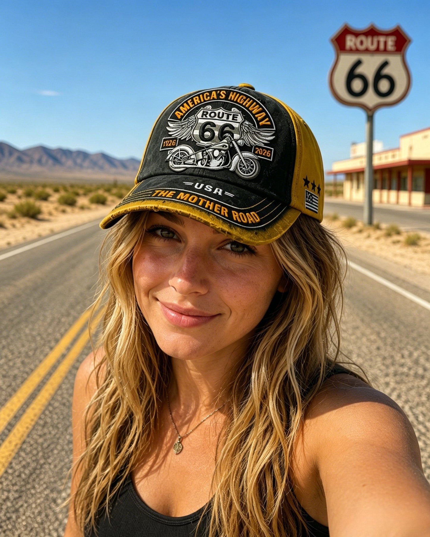 🏍️ Vintage Route 66 100th Anniversary Embroidered Baseball Cap - 100% Cotton