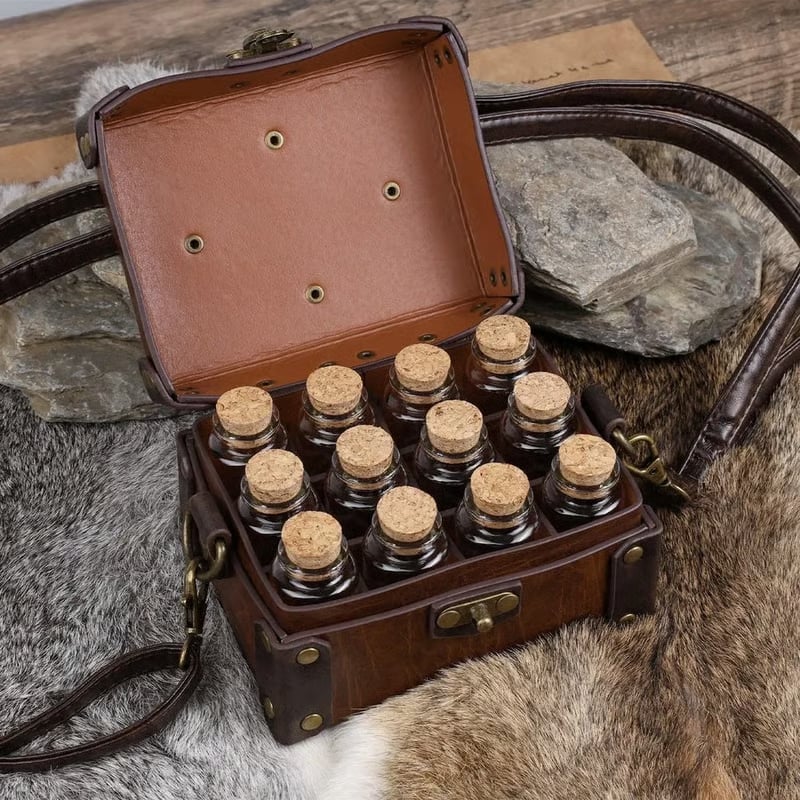 Vintage Leather Vial Carry Bag with 12 Glass Bottles