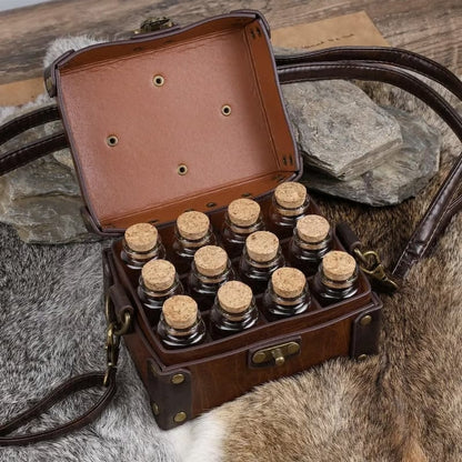 Vintage Leather Vial Carry Bag with 12 Glass Bottles