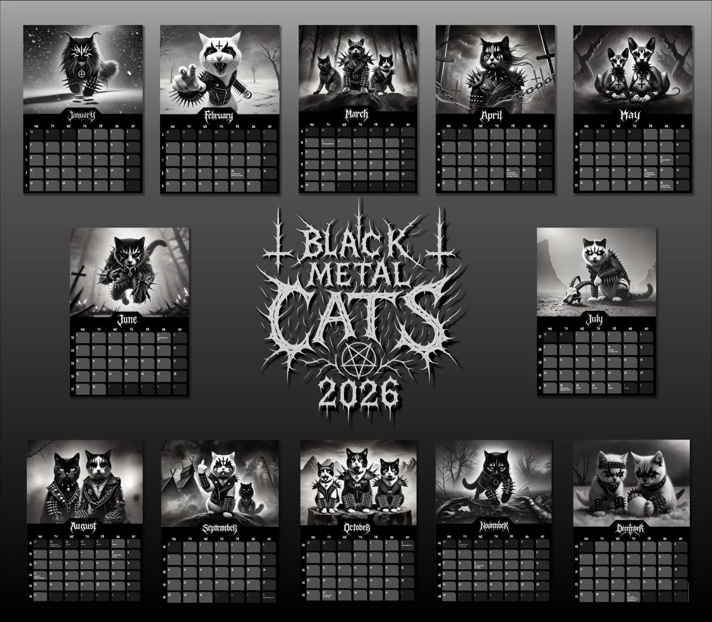 🔥Last Day 50% OFF - 🐱🖤Black Metal Cat Calendar 2026