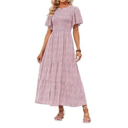 🔥LAST DAY 52% OFF - 💖Women's 2026 Summer Casual Floral Print Short Flutter Sleeve Crew Neck Smocked High Waist Flowy Maxi Dress