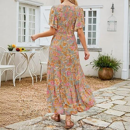 🔥LAST DAY 52% OFF - 💖Women's 2026 Summer Casual Floral Print Short Flutter Sleeve Crew Neck Smocked High Waist Flowy Maxi Dress