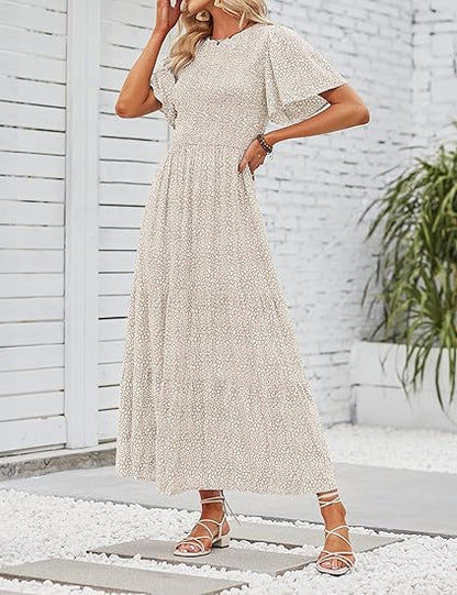 🔥LAST DAY 52% OFF - 💖Women's 2026 Summer Casual Floral Print Short Flutter Sleeve Crew Neck Smocked High Waist Flowy Maxi Dress