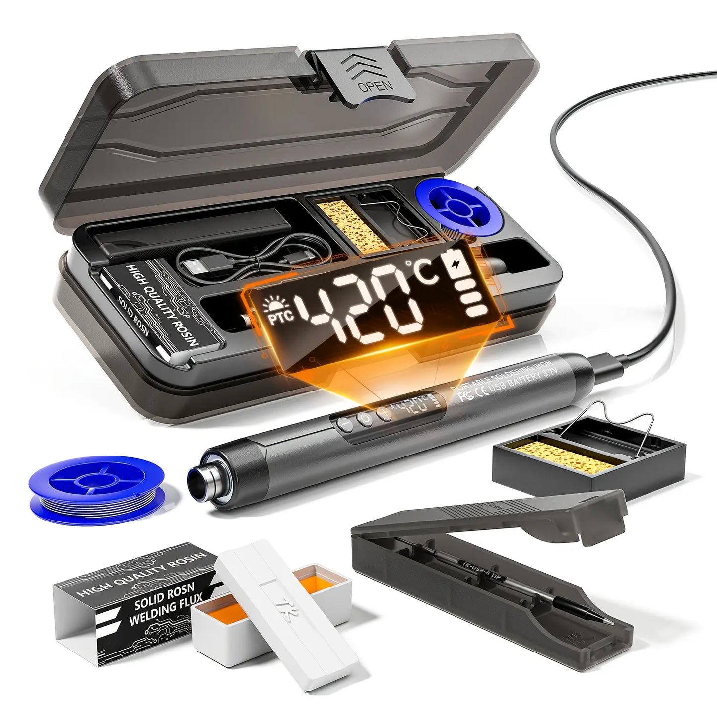 LCD Portable USB Adjustable-Temperature Soldering Iron Gun, Corded Solder Iron, Home DIY Soldering Kit with Storage Box, Electronic Soldering Tool