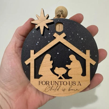 ✝️Nativity Countdown Ornament with Wooden Silhouette and Star Design for Festive Home Decor