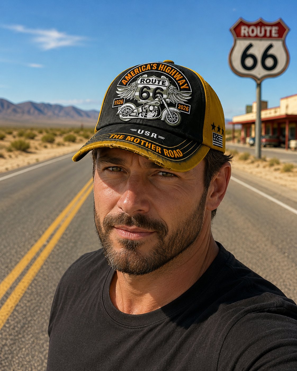 🏍️ Vintage Route 66 100th Anniversary Embroidered Baseball Cap - 100% Cotton