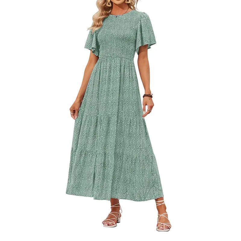 🔥LAST DAY 52% OFF - 💖Women's 2026 Summer Casual Floral Print Short Flutter Sleeve Crew Neck Smocked High Waist Flowy Maxi Dress