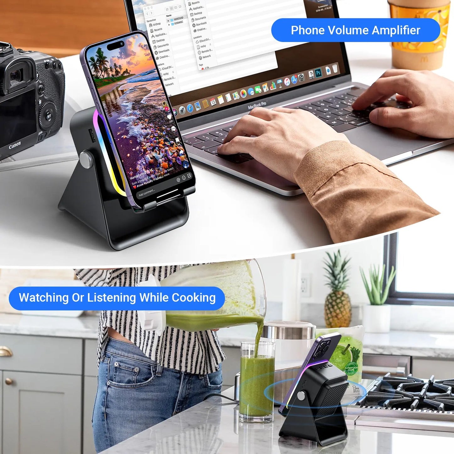 Wireless Induction Audio Speaker Stand, 5-in-1 Phone Stand, 3500mAh Rechargeable Emergency Power , 360° Adjustable Phone