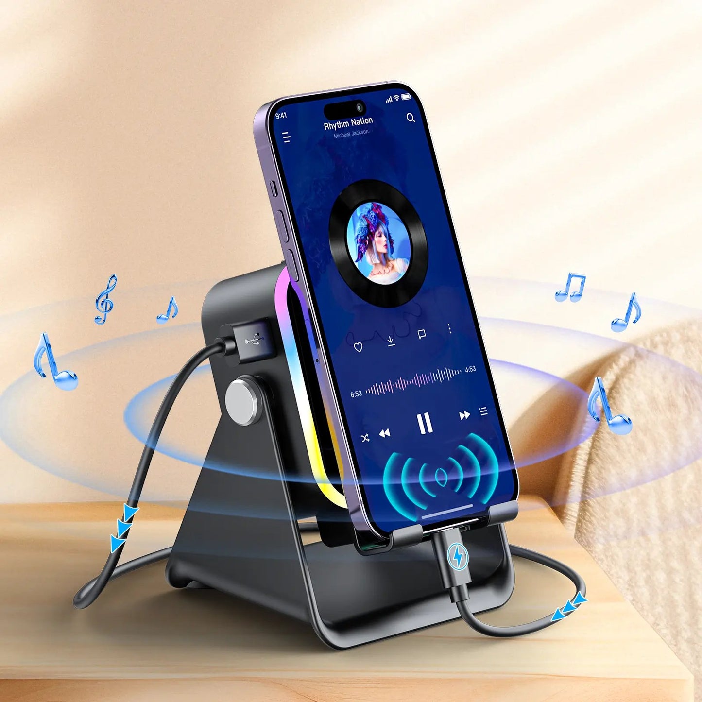 Wireless Induction Audio Speaker Stand, 5-in-1 Phone Stand, 3500mAh Rechargeable Emergency Power , 360° Adjustable Phone