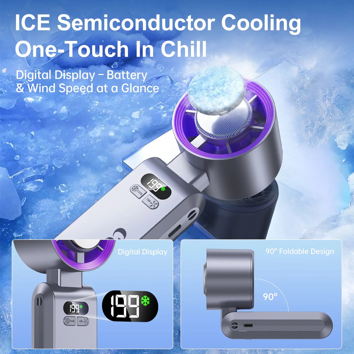 Ice Fan Portable Handheld High Speed Fan 199 Adjustable Levels Foldable for Summer Travel Vacation Essentials& Outdoor Activities with 13000 RPM Turbine Engine cool fan