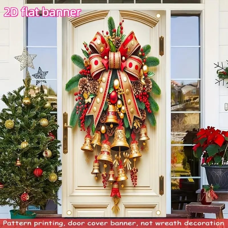 🎄Golden Christmas Bells & Wreath Door Cover - 35.4" x 70.8"