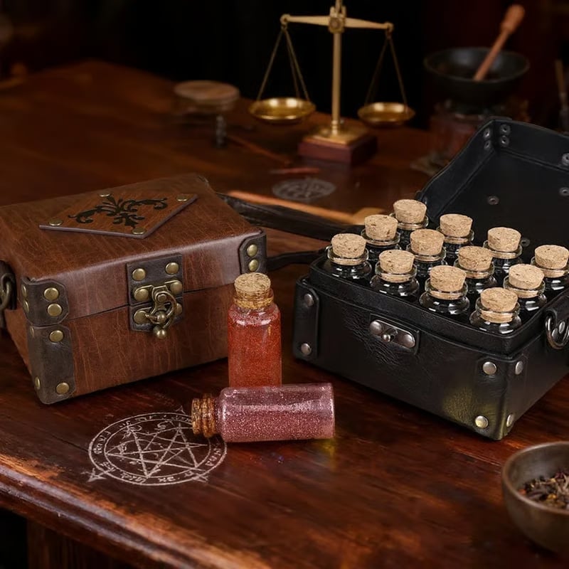 Vintage Leather Vial Carry Bag with 12 Glass Bottles