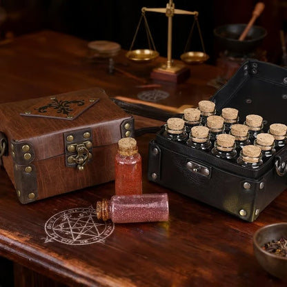 Vintage Leather Vial Carry Bag with 12 Glass Bottles