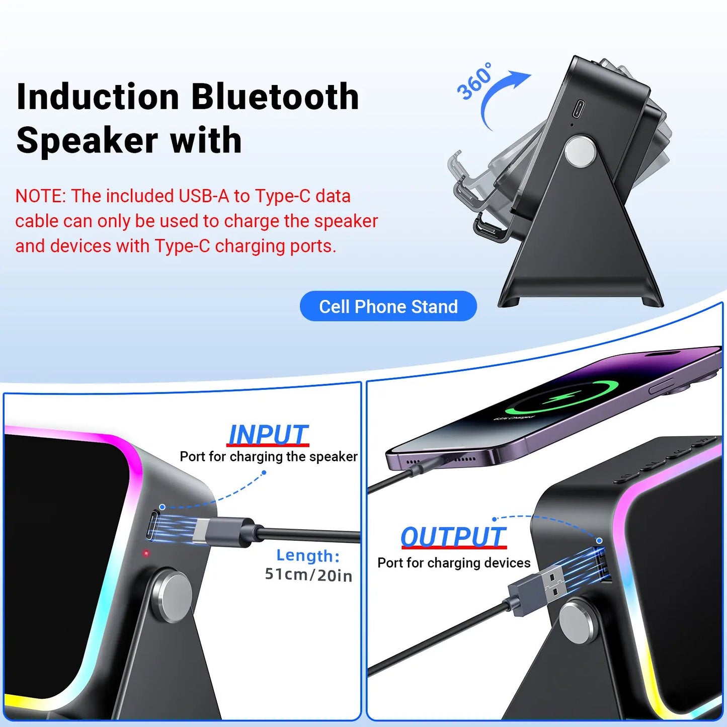 Wireless Induction Audio Speaker Stand, 5-in-1 Phone Stand, 3500mAh Rechargeable Emergency Power , 360° Adjustable Phone