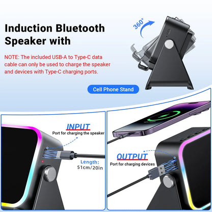 Wireless Induction Audio Speaker Stand, 5-in-1 Phone Stand, 3500mAh Rechargeable Emergency Power , 360° Adjustable Phone