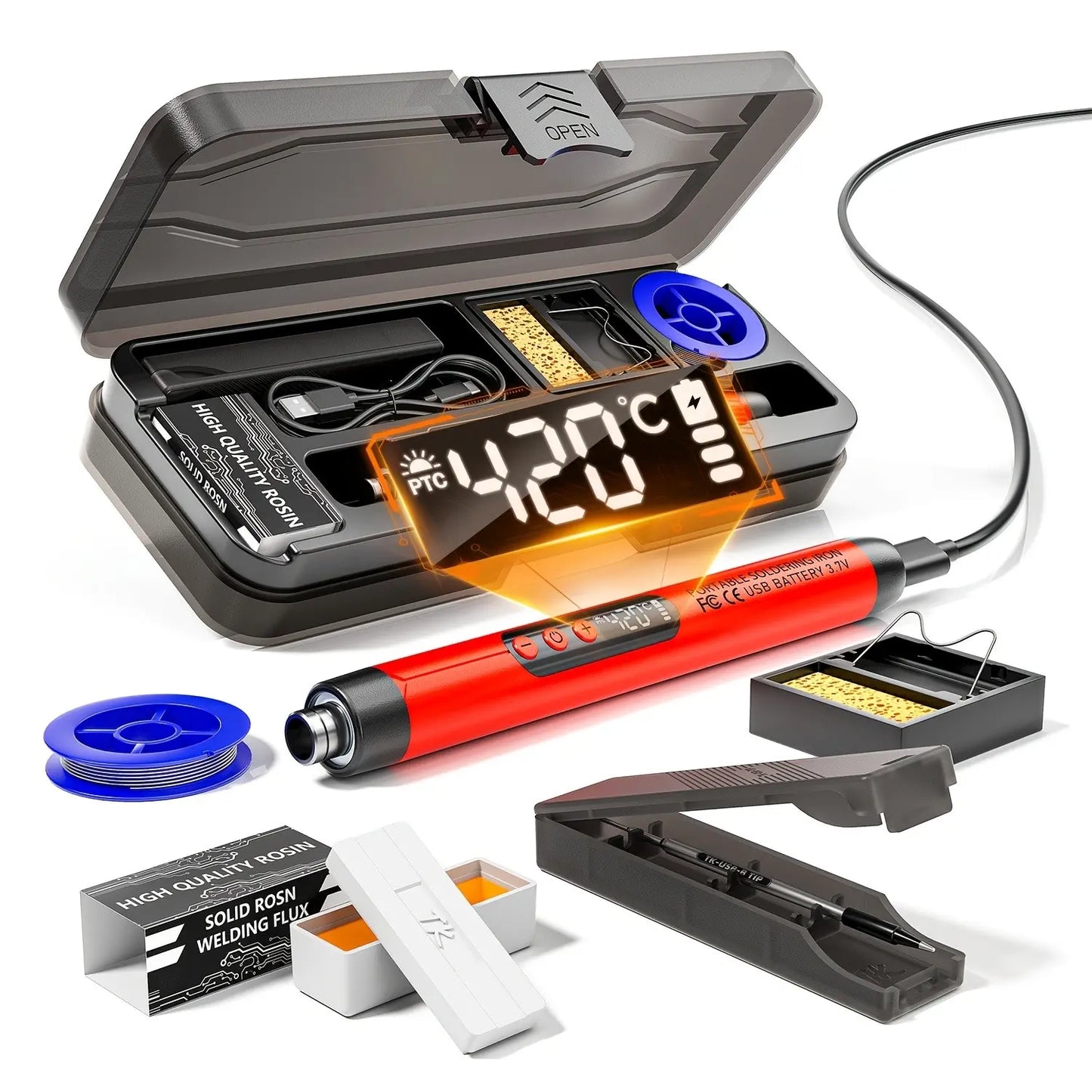 LCD Portable USB Adjustable-Temperature Soldering Iron Gun, Corded Solder Iron, Home DIY Soldering Kit with Storage Box, Electronic Soldering Tool